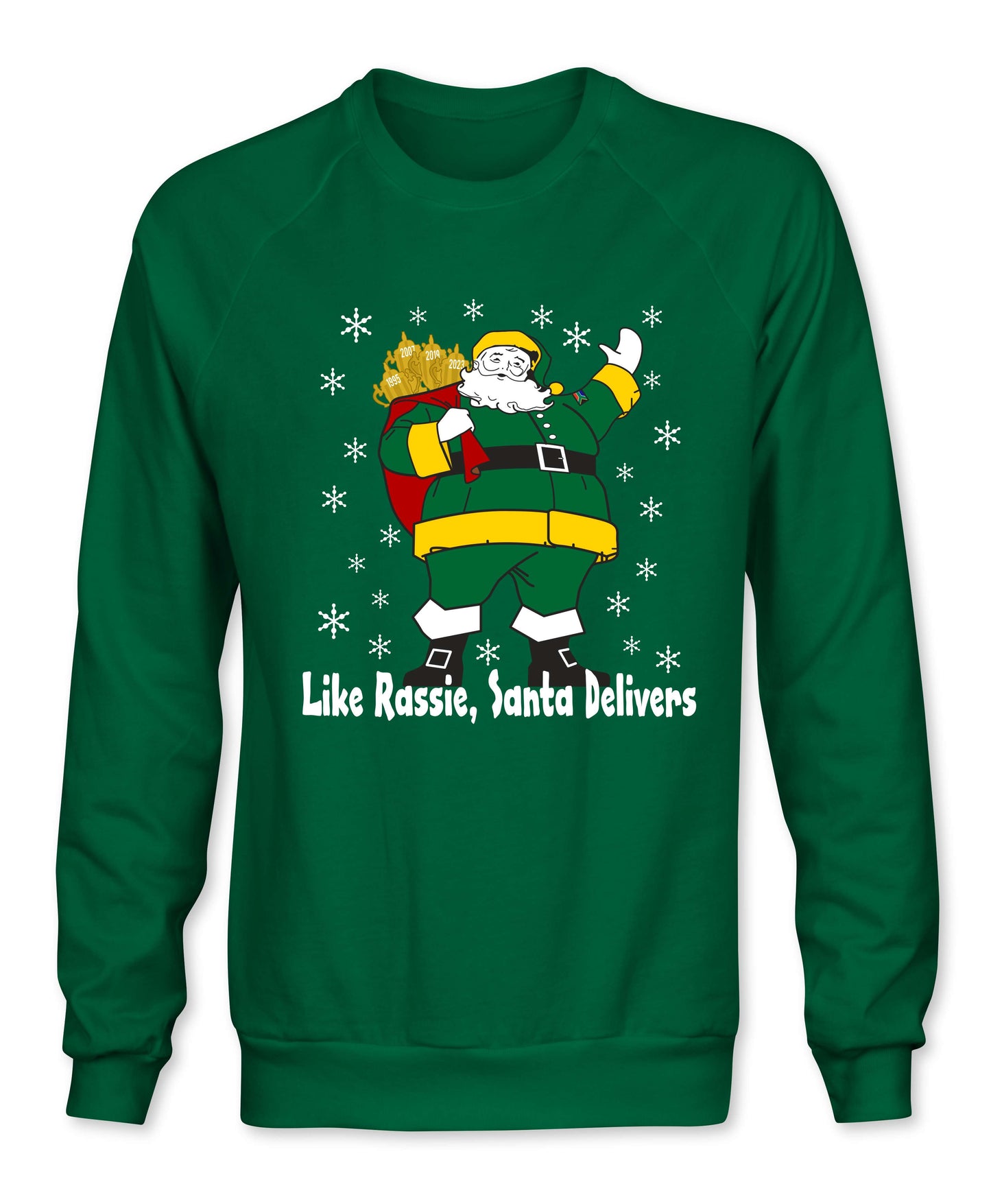 Kids Rassie Delivers Green Kit - Childrens South African Rugby Christmas Sweatshirt