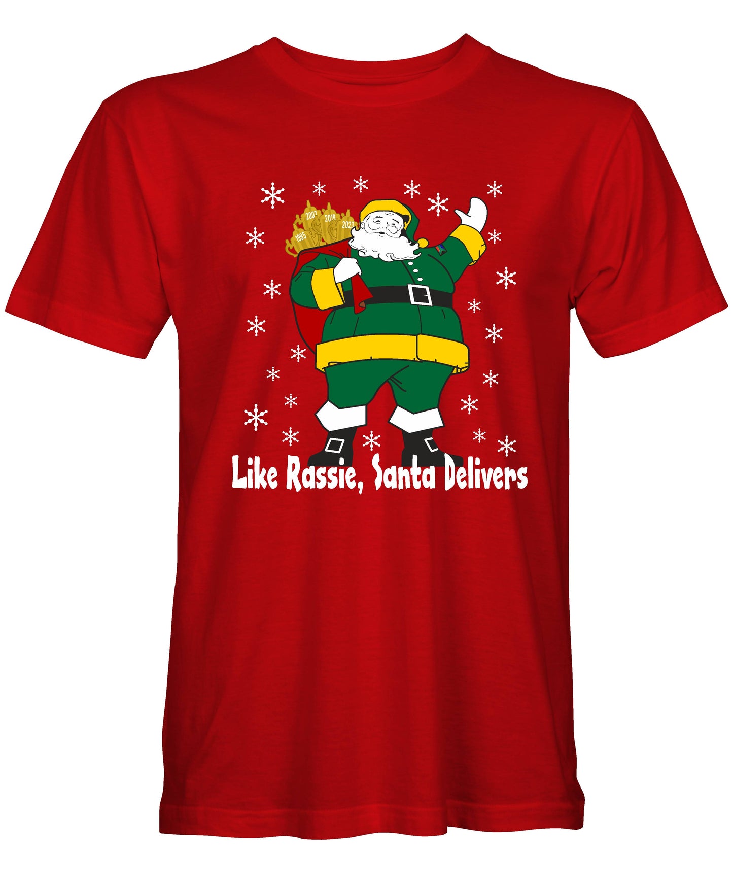 Kids Rassie Delivers Green Kit - Childrens South African Rugby Christmas T-Shirt
