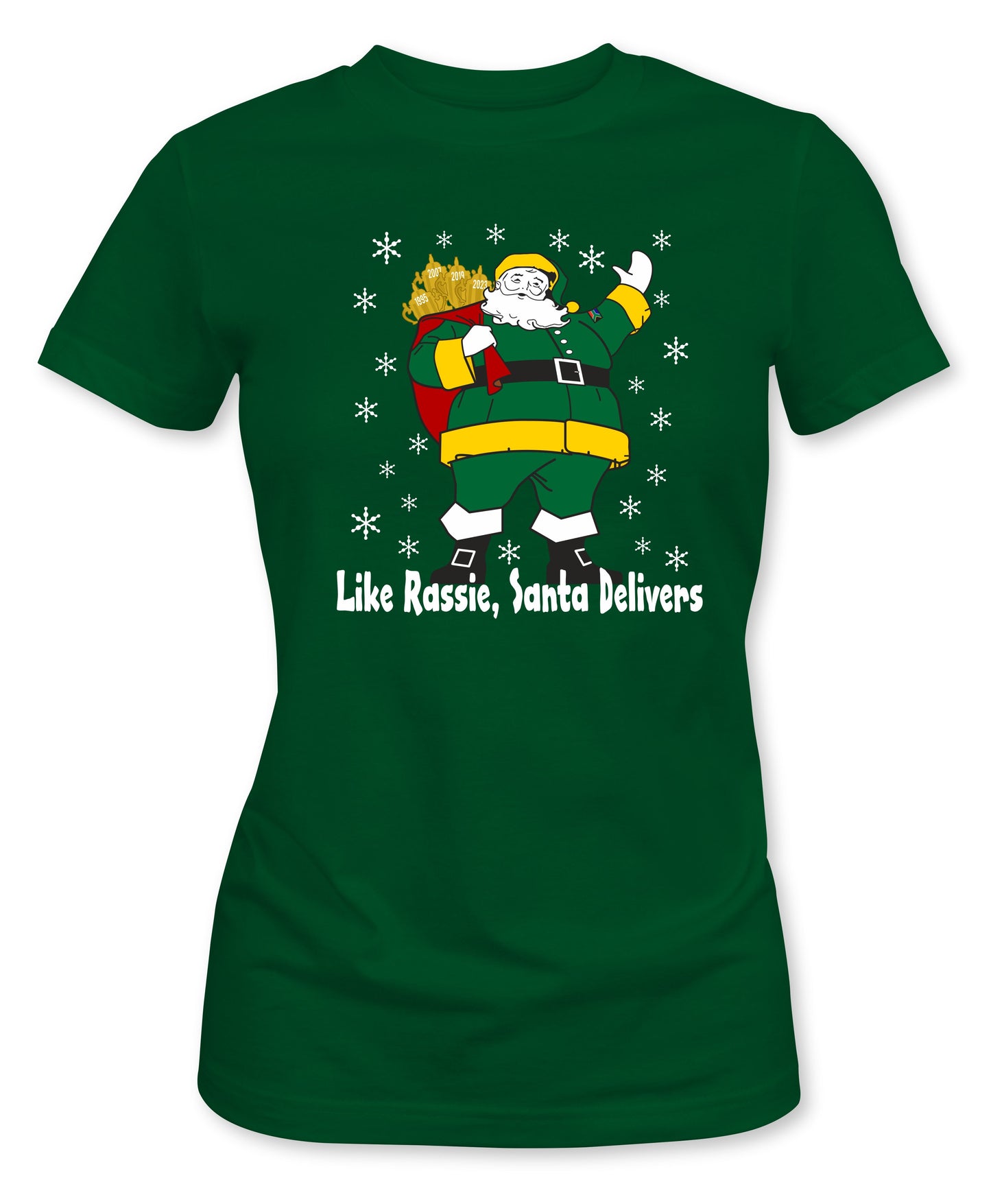 Rassie Delivers Green Kit - Ladies Fit South African Rugby Christmas T-Shirt