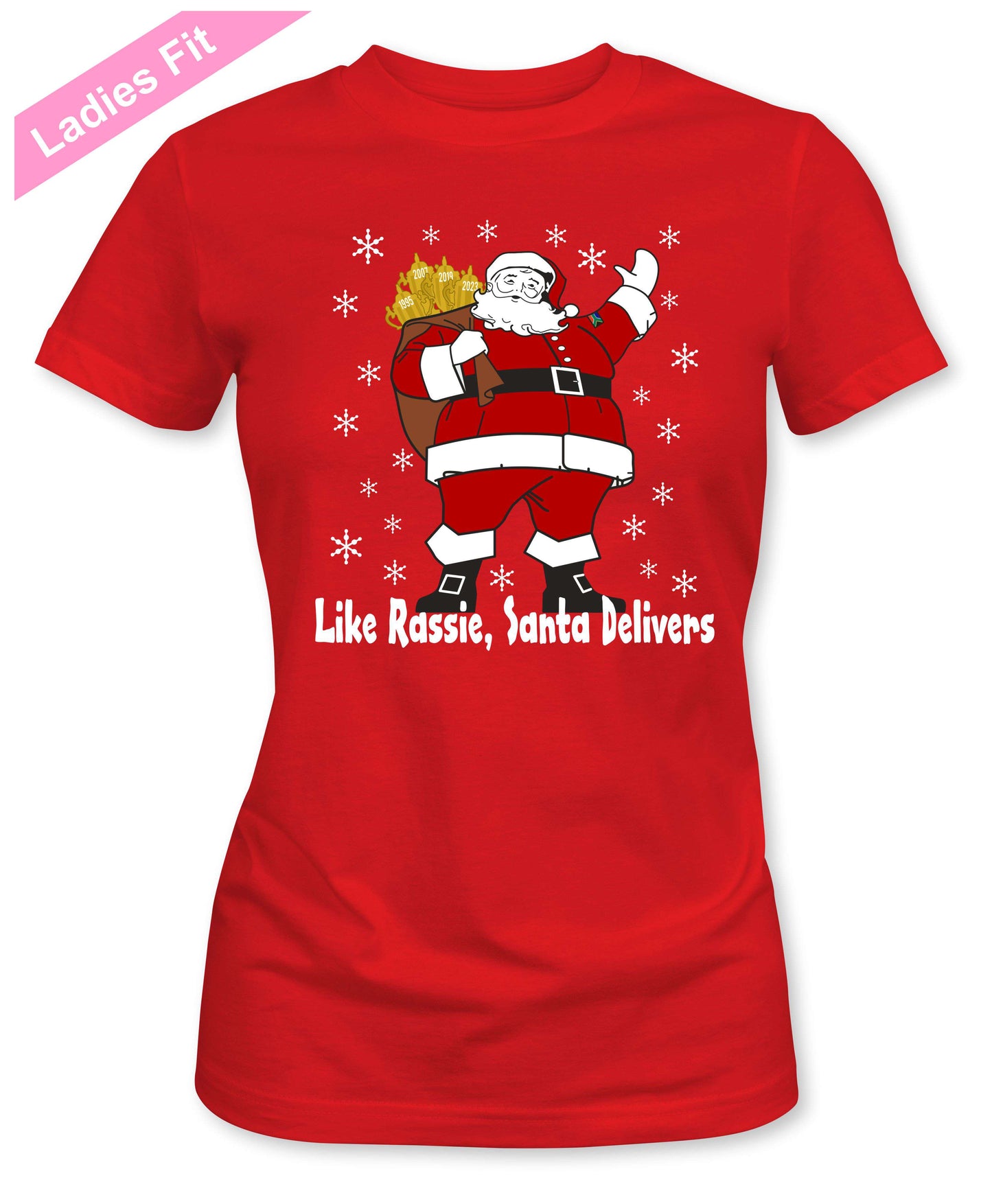 Rassie & Santa Deliver - Ladies Fit South African Rugby Christmas T-Shirt