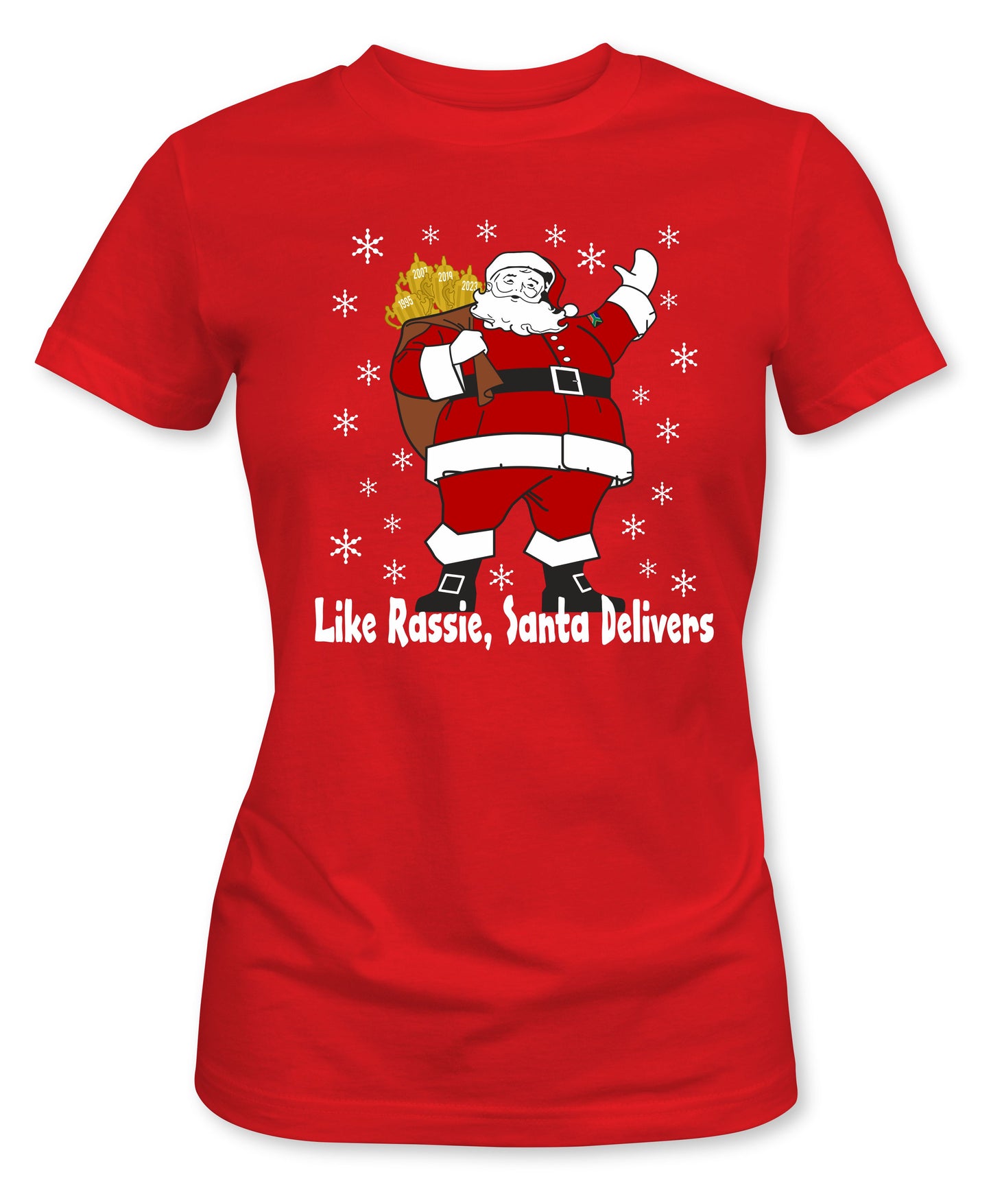 Rassie & Santa Deliver - Ladies Fit South African Rugby Christmas T-Shirt