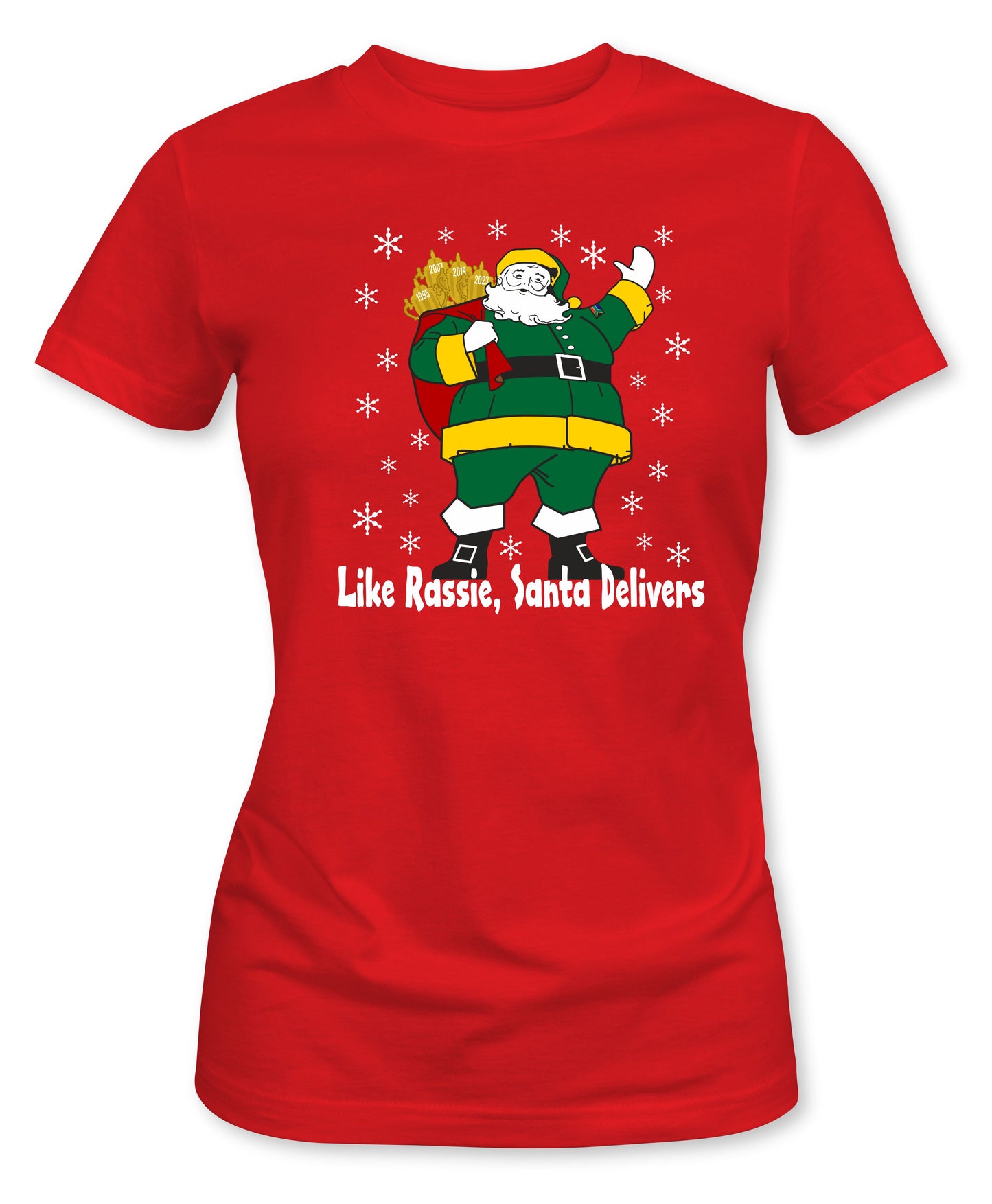 Rassie Delivers Green Kit - Ladies Fit South African Rugby Christmas T-Shirt